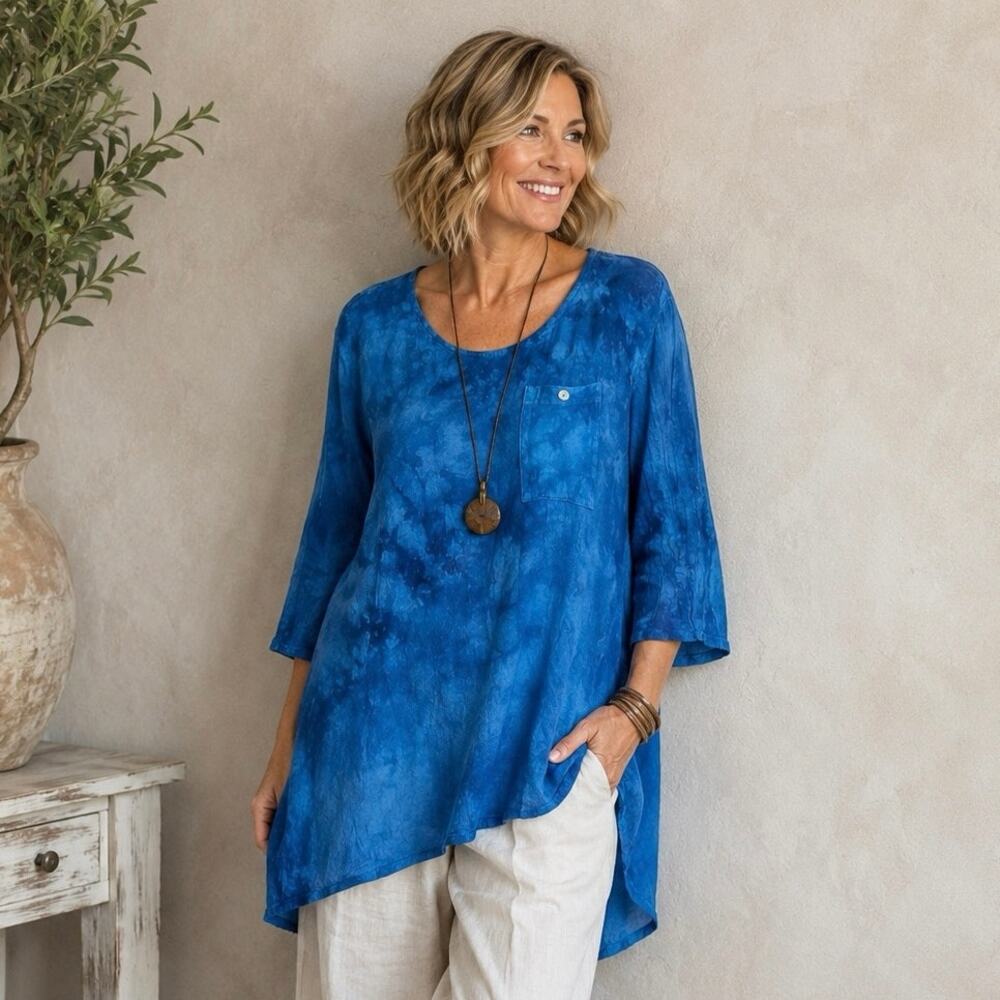 Cottonways Blue Tie Dye Linen Blend Tunic Top Artsy Boho Lagenlook Size 2( L/XL)